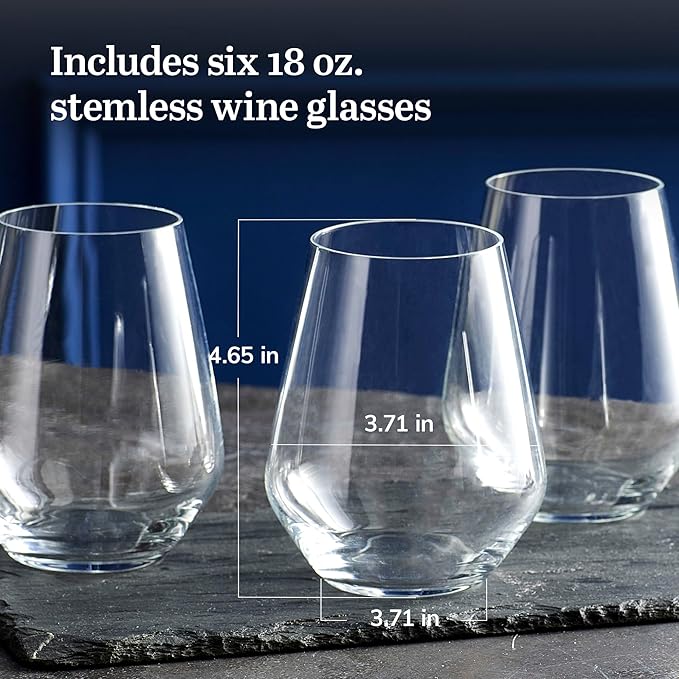 Libbey Signature Greenwich Stemless Wine Glasses, 18-Ounce, Set of 6, Made in USA, Dishwasher Safe, Angular Modern Stemless Glassware, Gift Box