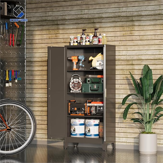 COFaR Black Metal Cabinet, 61 in Tall Metal Storage Cabinet with 3 Adjustable Shelves and Barn Doors, Farmhouse Cupboard Storage for Garage Kitchen Pantry Office, 4-Tier