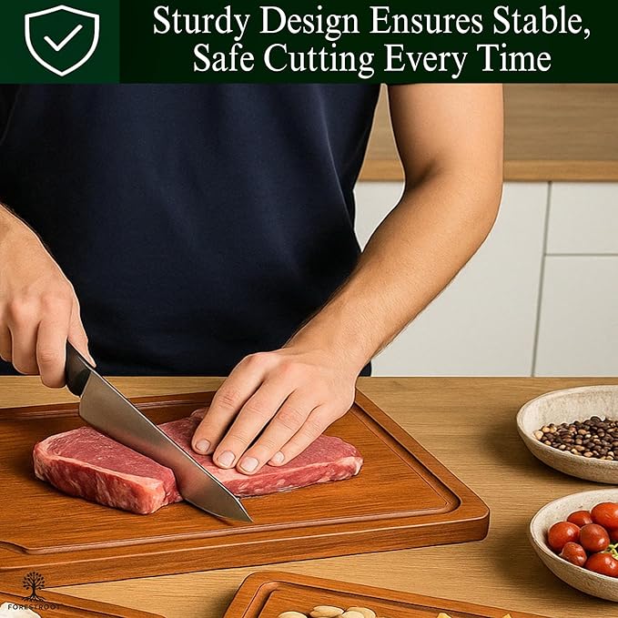 Bamboo Cutting Board Set – 3-Piece Wooden Kitchen Boards for Meal Prep & Serving – Durable Bamboo with Deep Juice Groove & Side Handles – Great for Meat, Vegetables & Charcuterie(Brown)