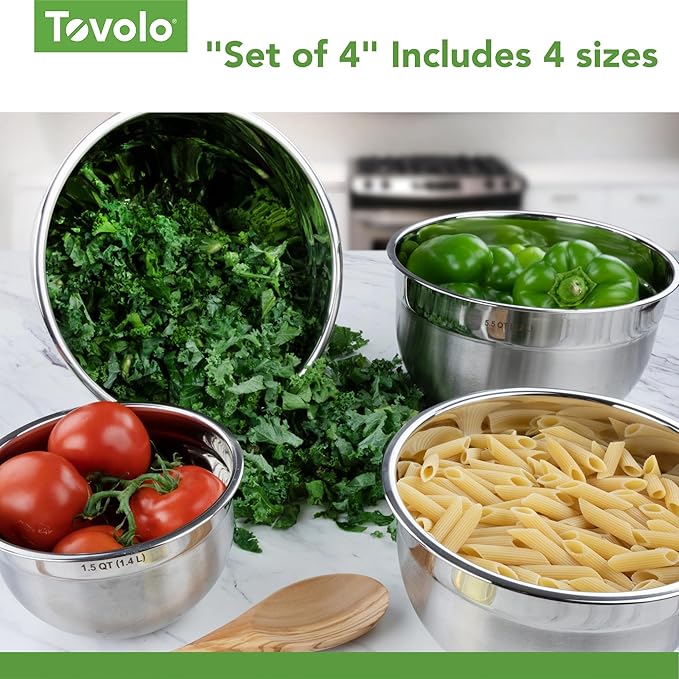 Tovolo Stainless Steel Mixing Bowls, 5.5 Qt - Metal Nesting Mixing Bowl with Rounded Lip for Easy Pour & Minimal Mess - Large & Small Dishwasher Safe Kitchen Supplies for Prep & Cooking