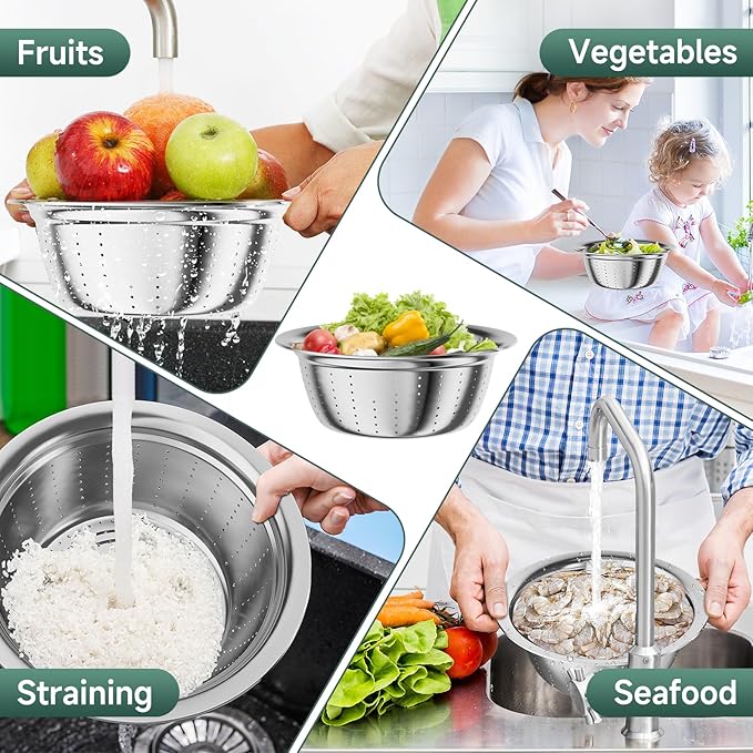 Mixing Bowls with Airtight Lids, Stainless Steel Nesting Bowl Set (1.4/2.8/5QT) with Colander, Grater, Measuring Spoons, Spatula & Oil Brush – Non-Slip Bottom Kitchenware Set (Black)