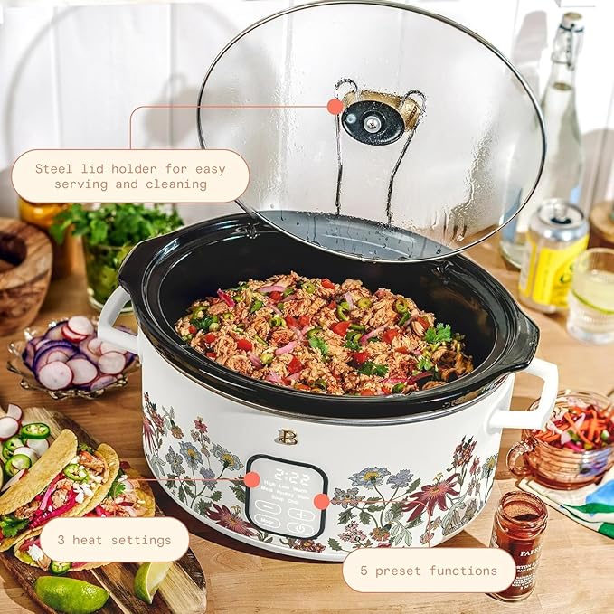 Beautiful 6 Qt Programmable Slow Cooker by Drew Barrymore - 5 Preset Cooking Functions, Digital Countdown Timer, Dishwasher-Safe Parts, and Cool-Touch Handles (Beautiful 6 Qt Programmable)