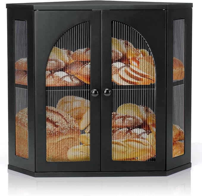 Corner Bread Box for Kitchen Countertop, Double Layer Bamboo Bread Storage Container for Homemade Bread, Large Capacity Bread Holder with 3 Adjustable Height for Counter, Breadbox Organizer