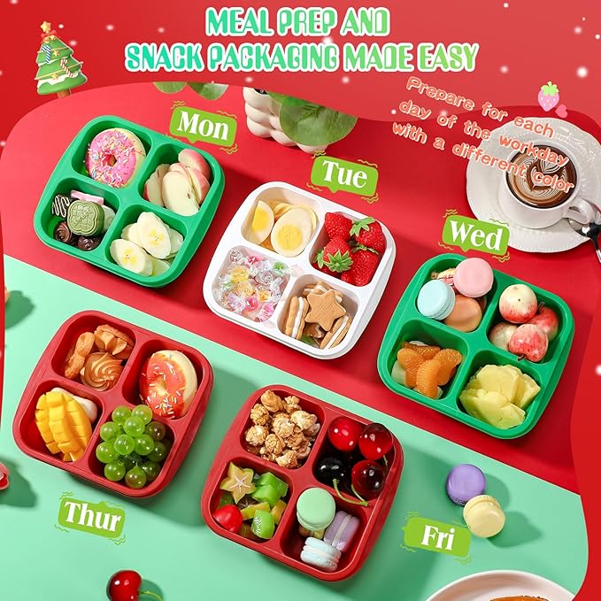 Honeydak 5 Pack Snack Containers 4 Compartment Bento Snack Boxes Reusable Lunchable Containers with Lids Divided Meal Prep Lunch Food Storage Box for School Work Travel(Christmas,Equal)