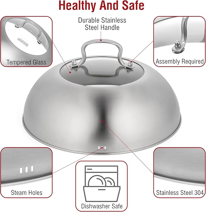 YOSUKATA Carbon Steel Wok Pan – 11,8 “ Woks and Stir Fry Pans + Wok Lid 11.4 In - Premium Stainless Wok Cover with Tempered Glass Insert Steam Holes and Ergonomic Handle
