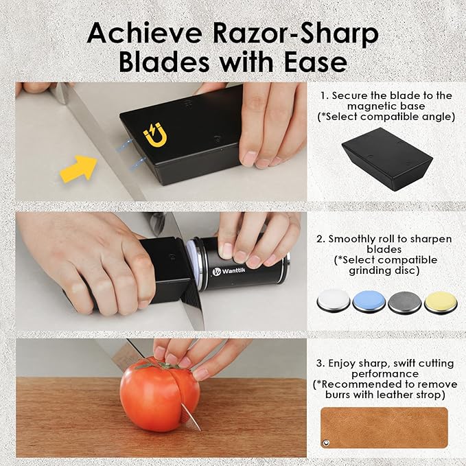 Upgraded Longer Rolling Knife Sharpener Kit, Roller Knife Sharpener with Leather Strop, 4PCS Replaceable Honing Discs, 15°, 18°, 20°, and 22° Longer Angle Base, RS3 Black