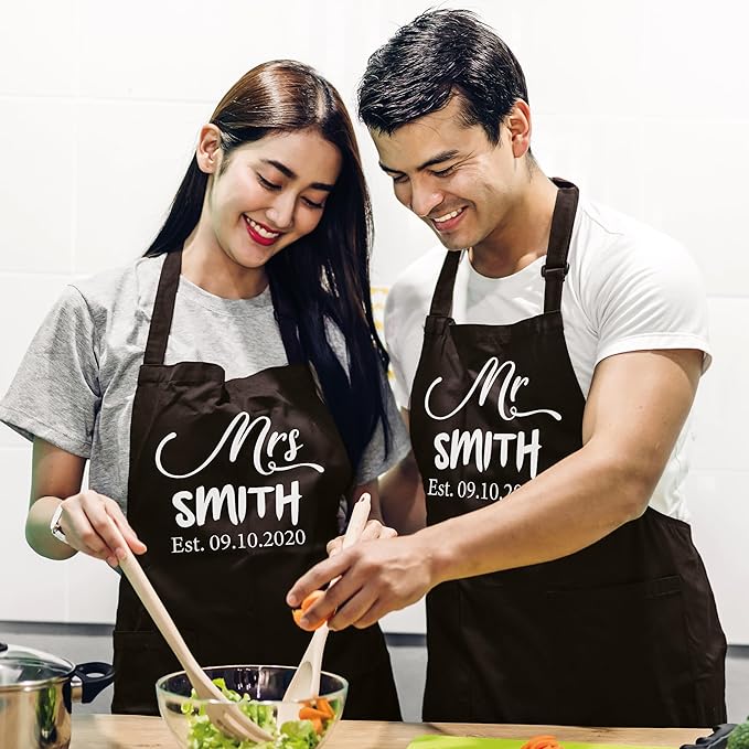 Custom Couple Apron, Personalized Mr Mrs Gift, Anniversary, Bridal Shower, Engagement, Christmas or Wedding Registry Present for Him & Her