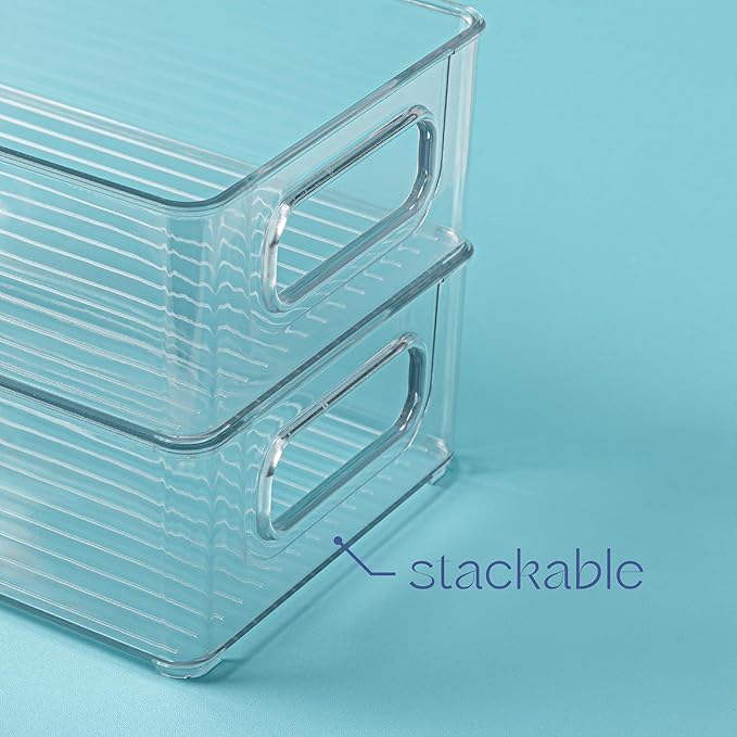primebox Plastic Food Storage 2 Pack Clear Container Bin with Handles for Organizing Kitchen, Pantry, Refrigerator, Freezer, Pantry, Cabinet, Closet, Bathroom. Stackable 10”x6”x3”