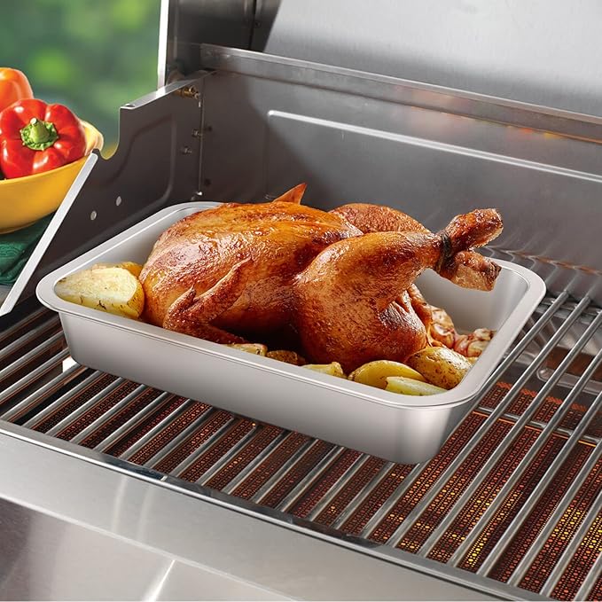 only fire Stainless Steel Baking Pan, Rectangular Cake Pan Cookie Sheet Pan Barbeque Grill Pan for Baking Breads, Grilling Chicken, Vegetables, Dishwasher Safe,15.5’’×11.6’’×2.7"