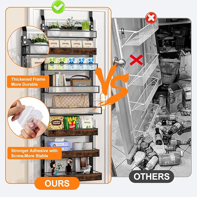 Over The Door Pantry Organizer,8 Tier Spice Rack Wall Mount with Adjustable Basket,Metal Heavy Duty Door Organizer Hanging Storage Shelf for Kitchen Pantry and Bathroom