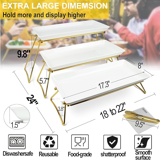 Extra Large 3 Tier Serving Tray, 24 x22 x 9.8 Inch Melamine Tiered Tray Stand and Platters for Party Buffet Entertaining, White and Gold