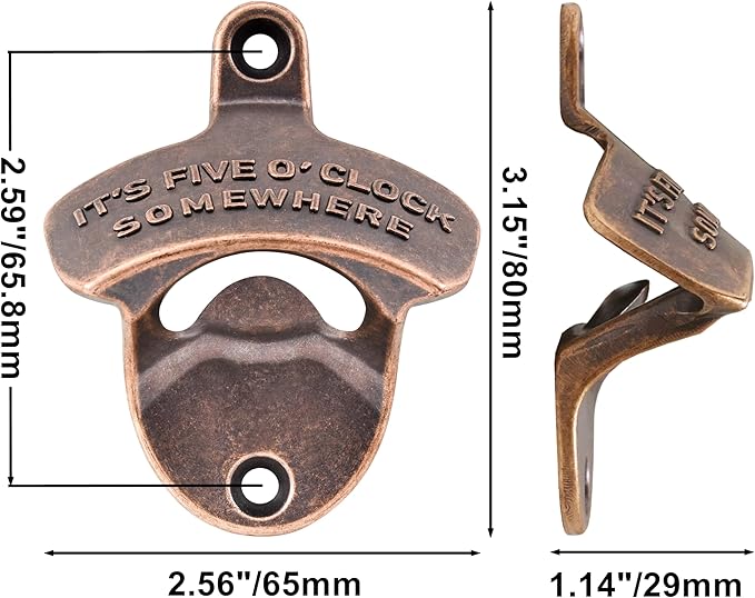 Wall Mounted Beer Opener Rustic IT'S FIVE O'CLOCK SOMEWHERE Stainless Soda Bottle Cap Opener Table Mounted Gift (3 PCS)