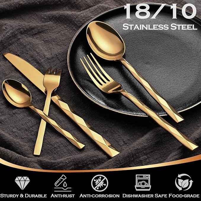 Gold Silverware Set, Luxury 30-Piece Flatware Set for 6, Cutlery Set Stainless Steel, Diamond Cut Pattern, Home, Wedding & Party, 18/10 Stainless Steel Tablewaret & Dishwasher Safe Utensils.