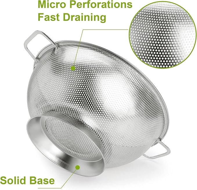 Stainless Steel Colander and Strainer Set(5-Quart and 3-Quart)， Strainer for Kitchen Food, Dishwasher Safe