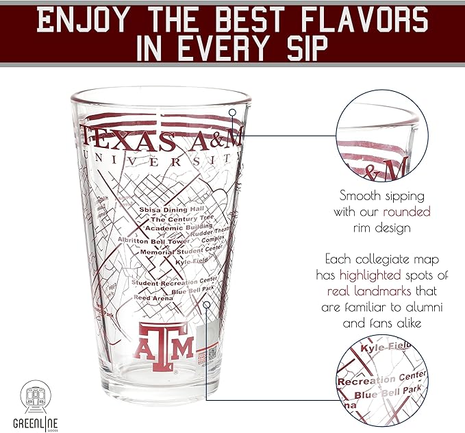 Greenline Goods – University of Texas A&M Aggies College Pint Beer Glasses (Set of 2), 16 oz – Full-Color Logo + Campus Map