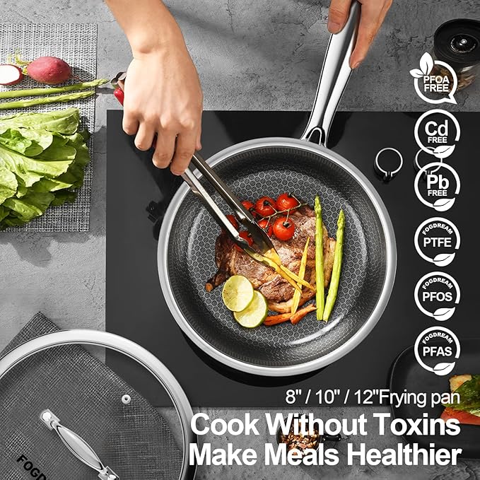 Fogdream 8"10"12" Stainless Steel Pan, Non Stick Frying Skillet, Tri-Ply Stainless Steel for All Cooktops, Dishwasher and Oven-Safe Cooking Pan, Stay-Cool Handle, Silver