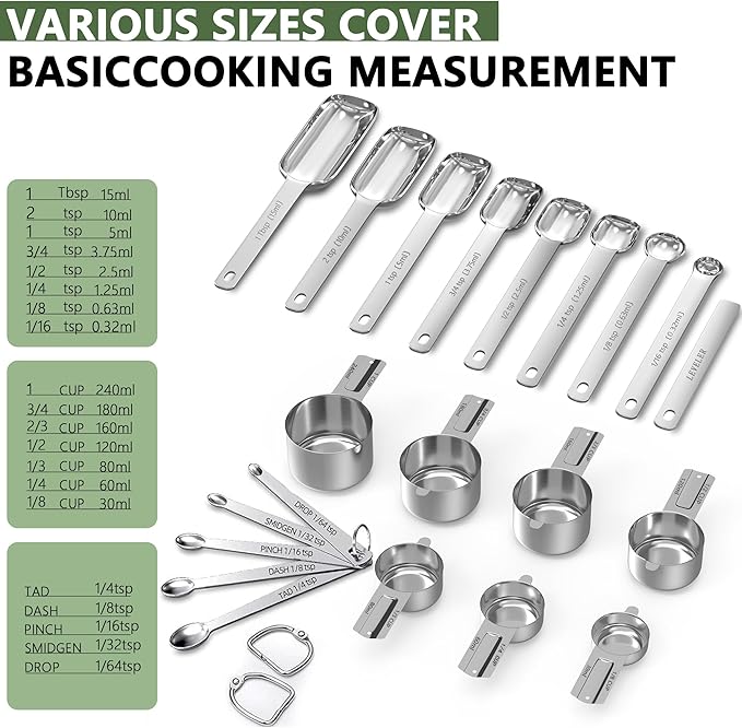 Measuring Cups and Spoons Set of 21, 7 Stainless Steel Nesting Measuring Cups, 8 Measuring Spoons & 1 Leveler, 5 Mini Spoons, Kitchen Gadgets for Cooking & Baking, Square
