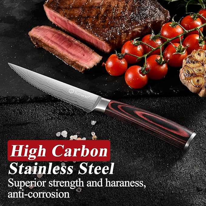 Sunnecko Razor-Sharp Steak Knives Set of 4,Premium Stainless Steel Serrated Steak Knife Set,Pakkawood Handle 4.5 Inch Kitchen Steak Knife with Gift Box