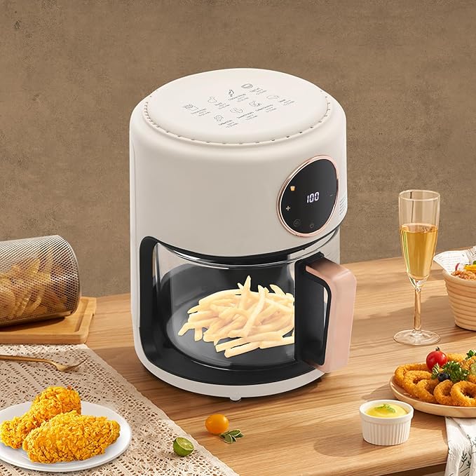Glass Air Fryer 3.81QT with 360° View, 1200W Touchscreen & 8 Presets, Borosilicate Glass Pot for Healthy Frying, Family Kitchens, Restaurants (White)