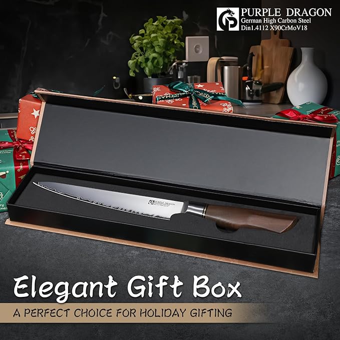 Purple Dragon Gyuto Chef Knife 7.5 Inch, German Vg10 Steel Ultra Sharp Kitchen Knife for Cutting Slicing, Meat Cleaver, Ergonomic Wooden Handle Christmas Gift for Men and Women
