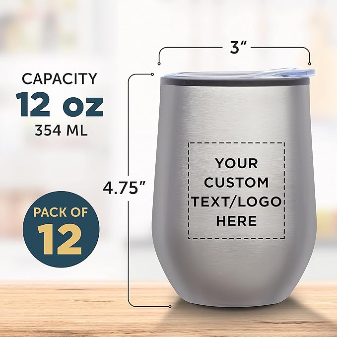 Custom Stemless Wine Tumblers 12 oz. Set of 12, Personalized Bulk Pack - Insulated, Perfect for Wine, Cocktails, Other Hot & Cold Beverages - Silver