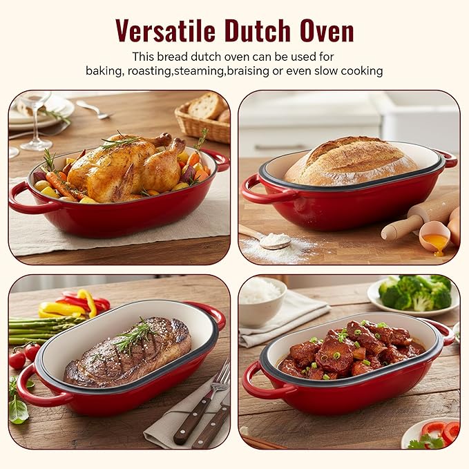 5 QT Oval Dutch Oven for Bread Baking, Enamelled Cast Iron Bread Oven for Sourdough, Sourdough Loaf Pan with Lid, Heavy-Duty Non Stick Bread Pan for Homemade Bread Baking, Red