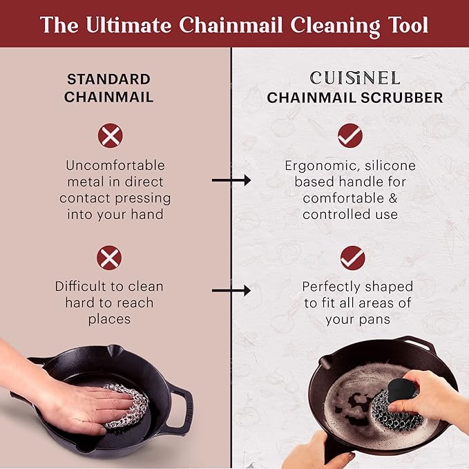 Cuisinel CAST IRON CHAINMAIL SCRUBBER AND PAN SCRAPER - DELUXE ERGONOMIC STAINLES