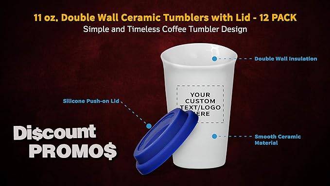 Personalized 11 oz. Double Wall Ceramic Tumblers with Lid - 12 Pack - Custom Text, Logo - Blue