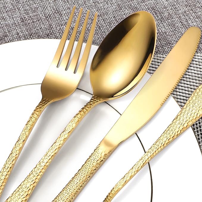 Hammered Silverware Set Gold Flatware Stainles Steel 40 Piece Vintage Eating Utensils Service 8 People include Forks Spoons Knives For Home Kitchen Restaurant Parties