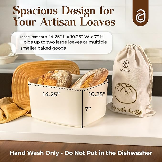 Extra Large Bread Box for Kitchen Countertop with 2 Bread Bags - Sturdy Modern Construction, Ribbed Design Keeps Bread Fresh Longer - Large Sourdough Bread Box with Cutting Board Lid (White)