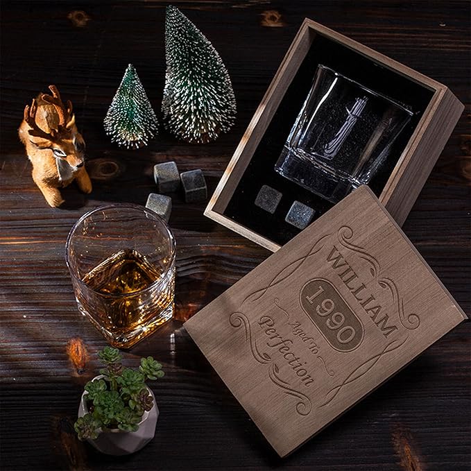 Personalized Vintage Birthday Gifts for Men - 11 oz Engraved Bourbon Glass - Vintage Whiskey Cup in Wooden Box - 4 Designs Custom Scotch Gift For Him - Funny Birthday Gift Ideas