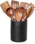 Nucookery Wooden Cooking Utensils Set with Holder, Teak Wood Utensils, Ceramic Holder for Countertop with Protection Cork Bottom, Nonstick Spoons, Spatula Set, 10 Pcs Kitchen Decor, (Stone Black)