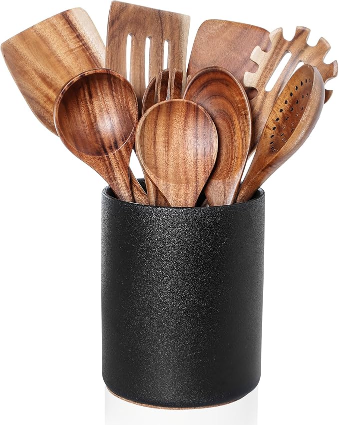 Nucookery Wooden Cooking Utensils Set with Holder, Teak Wood Utensils, Ceramic Holder for Countertop with Protection Cork Bottom, Nonstick Spoons, Spatula Set, 10 Pcs Kitchen Decor, (Stone Black)