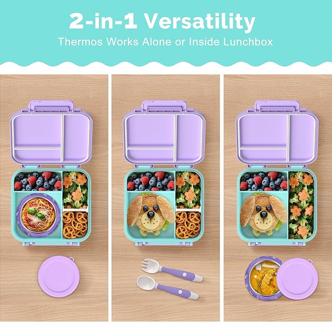 Kids Lunch Box Set with Bento Box, 9oz Stainless Steel Thermos & Insulated Lunch Bag – Hot & Cold Leakproof Lunch Container with Utensils for School & Travel, Purple Set