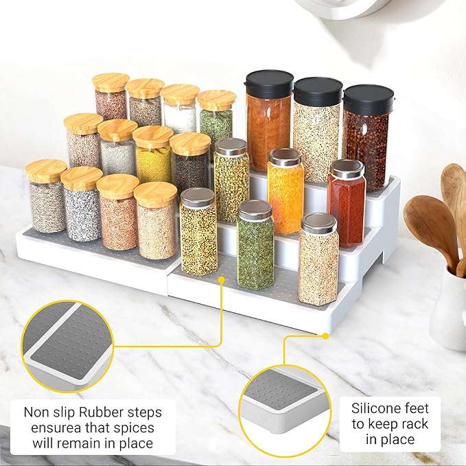 Yan & Hin Pack of 2, 3-Tier Spice Racks, Expandable and Non-Skid, Ideal as Medicine Cabinet Organizers, Kitchen Shelf Pantry Organizer, and Seasoning Organizer, Canned Food Organizer,Species Organizer