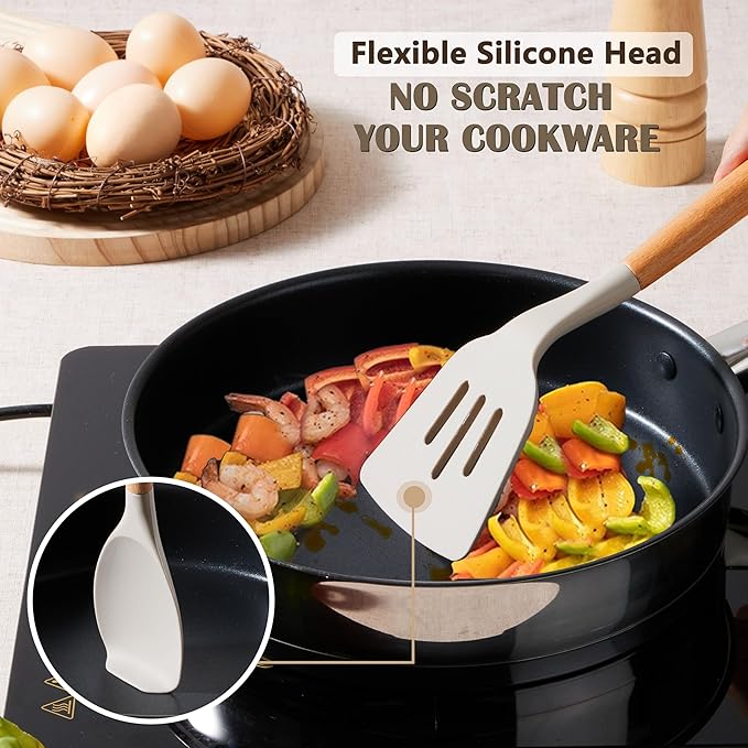 E-far Silicone Cooking Utensils Set, 5-Piece Kitchen Utensils Set with Wooden Handle for Cooking, Silicone Kitchen Nonstick Tools Spatula Turner Slotted Spoons, Nontoxic & Heat Resistant-Khaki