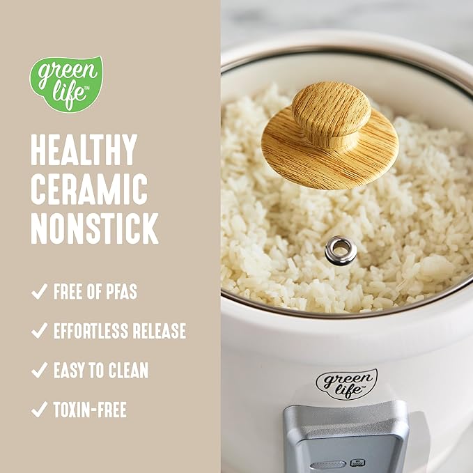 GreenLife Rice Cooker with Removable PFAS-Free Nonstick Pot, 3-Cups Uncooked/6-Cups Cooked, One-Switch Design, Auto Keep Warm Function, Soup, Grains, Oatmeal, Wood Handle, Cream