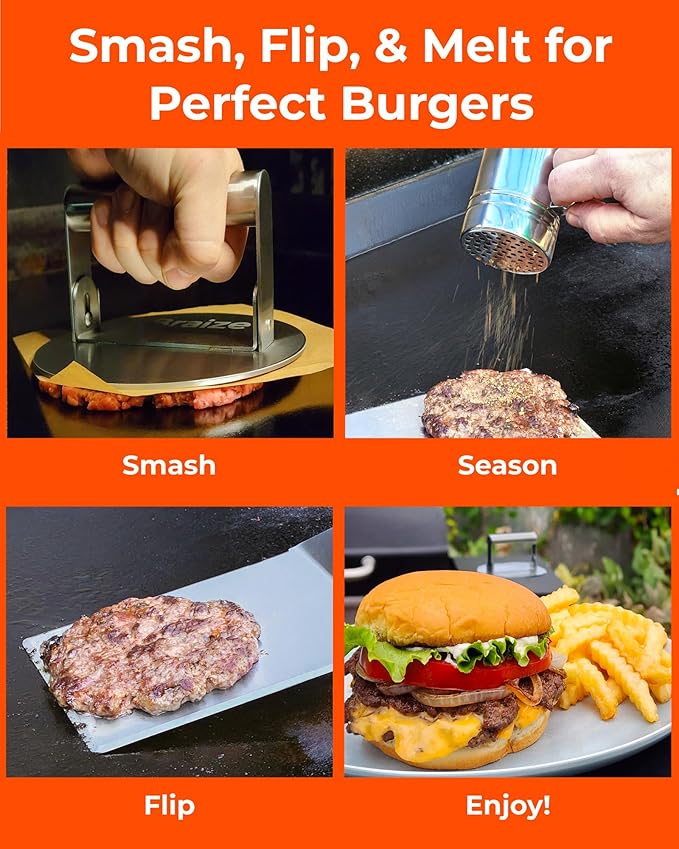 Smash Burger Press Kit, Stainless Steel Burger Press - Heavy Duty Grill Tools for Smashburgers, Flat Top Griddles, Cast Iron Pans, BBQ Accessories for Home Chefs (Shaker Set)