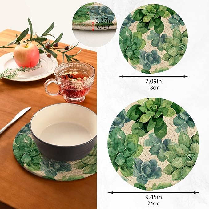 Succulent Plants Green Kitchen Trivets Pot Holders Set of 2, Trivets for Hot Pots Dishes Woven Trivet Coaster Pad Mat for Counter