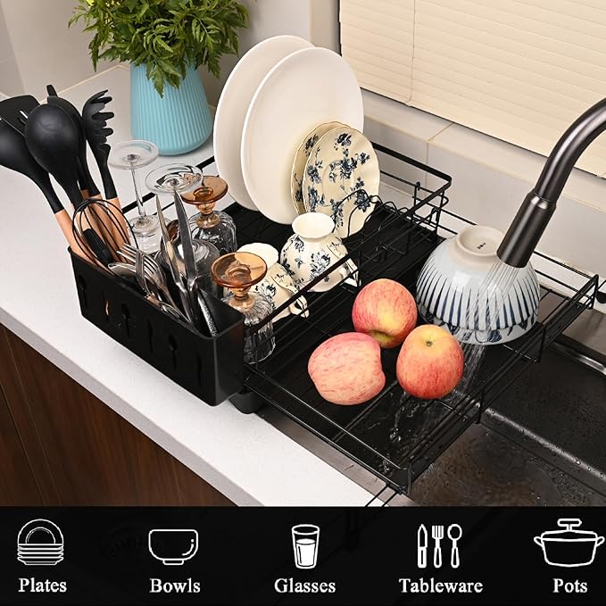 Expandable Over Sink Dish Drying Rack – Foldable Stainless Steel Kitchen Organizer with Utensil Holder, Space-Saving & Rustproof (Black)