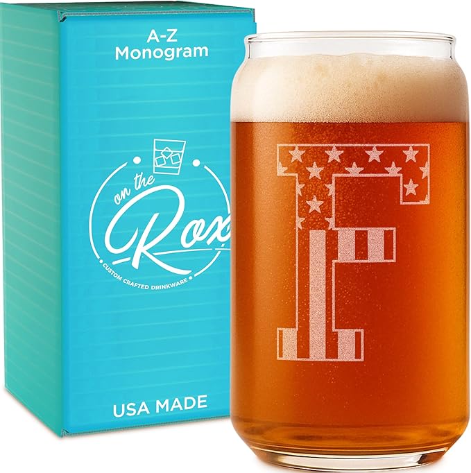 Monogram Beer Glasses for Men (A-Z) 16 oz - Beer Gifts for Men Brother Son Dad Neighbor - Unique Gifts for Him - Personalized Drinking Gift Beer Glass Mugs - Engraved Beer Can Glass (F)