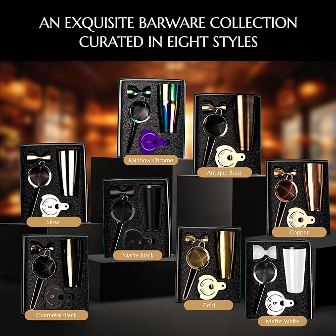 5 Piece Cocktail Kit by Bull In China - Premium Bartender Gift Set Includes Weighted 2 Piece Boston Shaker, Hammered Bell Jigger, Hawthorne Strainer & Fine Mesh Strainer (Gold)
