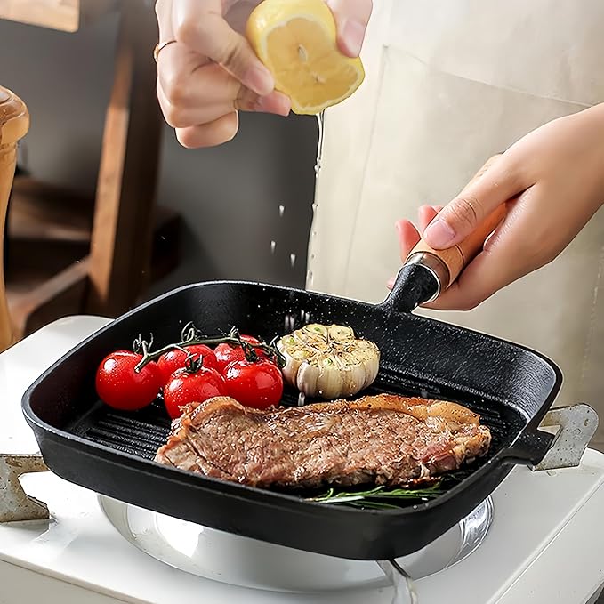 Grill Pan, 8.6 inch Cast Iron Grill Pans for Stove Tops Indoor Outdoor Cooking, Griddle Pan with Pour Spouts, Skillet for Searing Steak, PFOA Free - Naturally Nonstick Surface When Seasoned