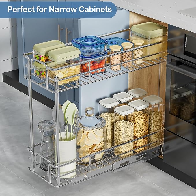 ROOMTEC Pull Out Spice Rack for Narrow Cabinet (8½" W X 21" D),2 Tier Slide Out Cabinet Organizer and Pull Out Shelves Under Cabinet Storage for Kitchen, Chrome
