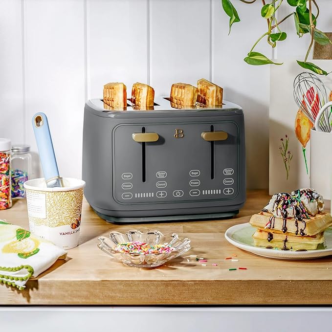 Beautiful 4 Slices Toaster with Touch-Activated Digital Display, Extra Wide Self-Adjusting Slots, Adjustable Shade Control, by Drew Barrymore (Gray)