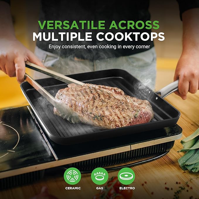 NutriChef 11" Square Grill Pan Non Stick - High Ridges, Hard-Anodized, Stove Top Griddle, Strong Handles, Dishwasher Safe