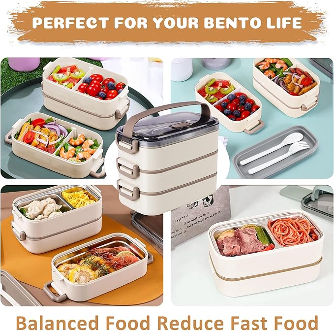 Bento Lunch Box for Kids Women Men, 47oz 2-Compartment Salad Metal Food Prep Pack Container for Lunch, Stainless Steel 3 Layers Stackable Lunch Containers with Lids for Adults and Teens Khaki