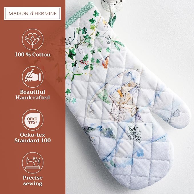 Maison d' Hermine Oven Gloves 100% Cotton Oven Mitt 7" x 13" with Loop Heat Resistant BBQ Cooking Gloves for Thanksgiving Christmas Decorations Baking Handling Hot Pans (Pack of 1, Snowy World)