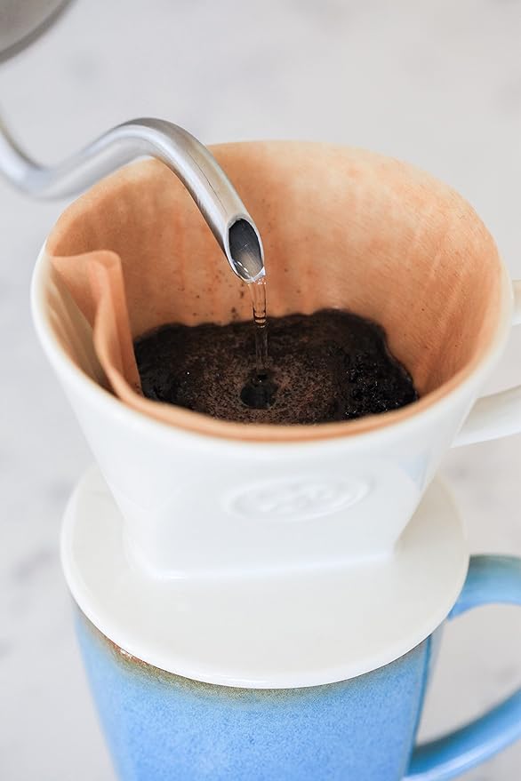 Simply Charmed Ceramic Pour Over Coffee Maker with 40 Count Melitta Filters - Elegant Single Serve Coffee Dripper for Rich Brewed Pour Over Coffee - Base Measures 4", Height 3" - Brews 8-16 oz