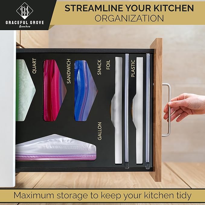 6-in-1 Bamboo Food Storage Bag Organizer for Drawer – Holds Gallon, Quart, Sandwich, Snack Bags & 12" Foil or Plastic Rolls - Plastic Bag Organizer with Wrap Dispenser & Built-In Cutter, Black